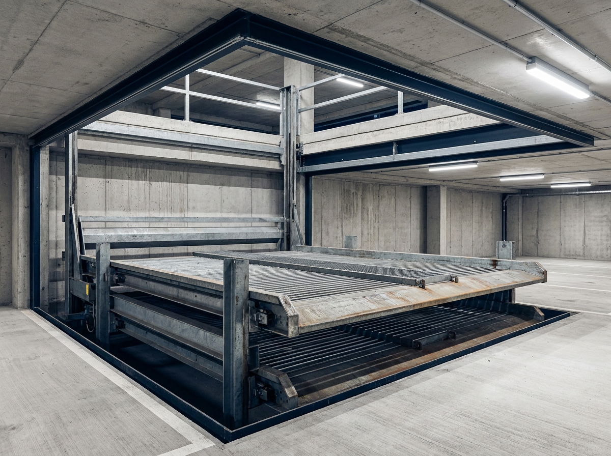 Heavy-duty vehicle lift platform inside a multi-storey parking structure